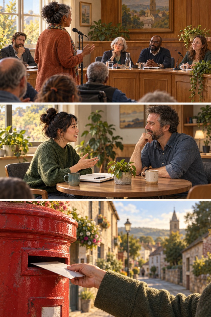 Three stacked panels. Top: a woman stands at a microphone addressing three councillors seated at a wooden bench while residents listen. Middle: a woman talks with a man across a small café table with coffee cups and a notebook. Bottom: a hand posts a letter into a red postbox on a village street with hanging flower baskets and a church spire.