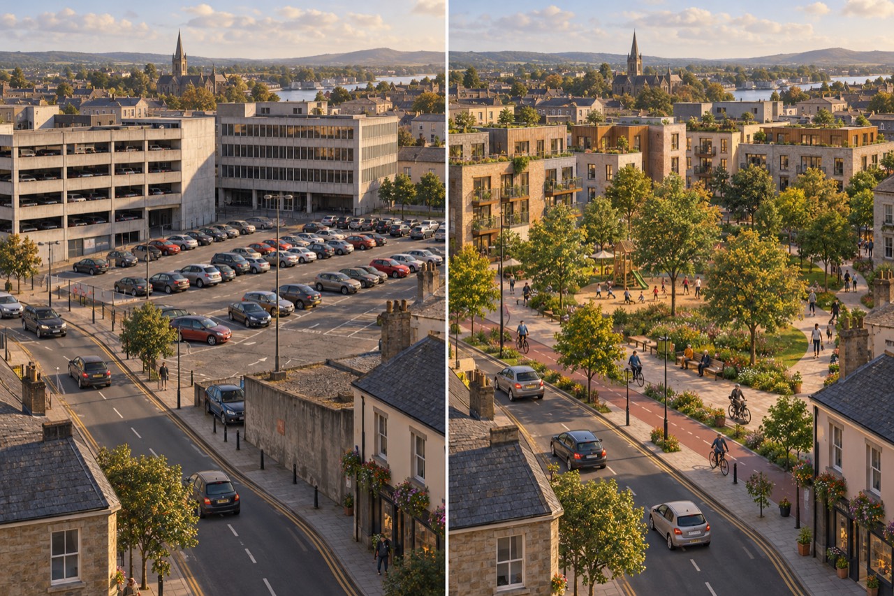 A split aerial view of the same riverside town with a church spire. Left: a grey multi-storey car park and a large surface car park full of cars beside a busy road. Right: the same space as a tree-lined park with a playground, lawns and benches, a red cycle lane with cyclists, and new low apartment buildings with balconies and roof gardens, with fewer cars on the road.