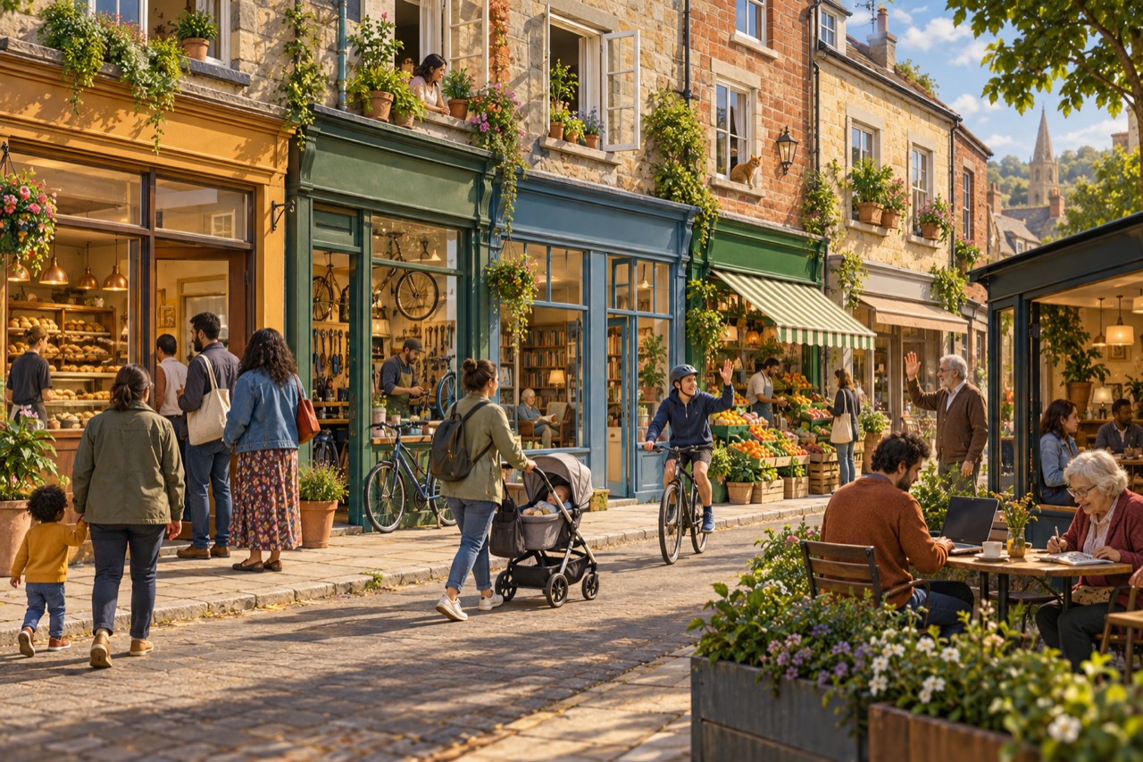 A sunny high street of stone and brick shopfronts with flower boxes: a bakery, a bicycle workshop, a bookshop and a greengrocer with a striped awning. A small child walks with a parent, a woman pushes a pram, a cyclist waves and an older man waves back, and people sit at café tables, one with a laptop. A cat sits in an upstairs window and a church spire rises behind.