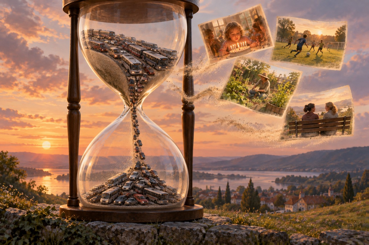 An hourglass in a wooden frame stands on a stone wall above a lake and a village at sunset. Its upper bulb is packed with cars and buses that pour through the neck into a heap at the bottom. Streams of sand blow out to the right, carrying four photographs: a child blowing out birthday candles, children playing football, a person in a straw hat tending a vegetable garden, and two women talking on a park bench.