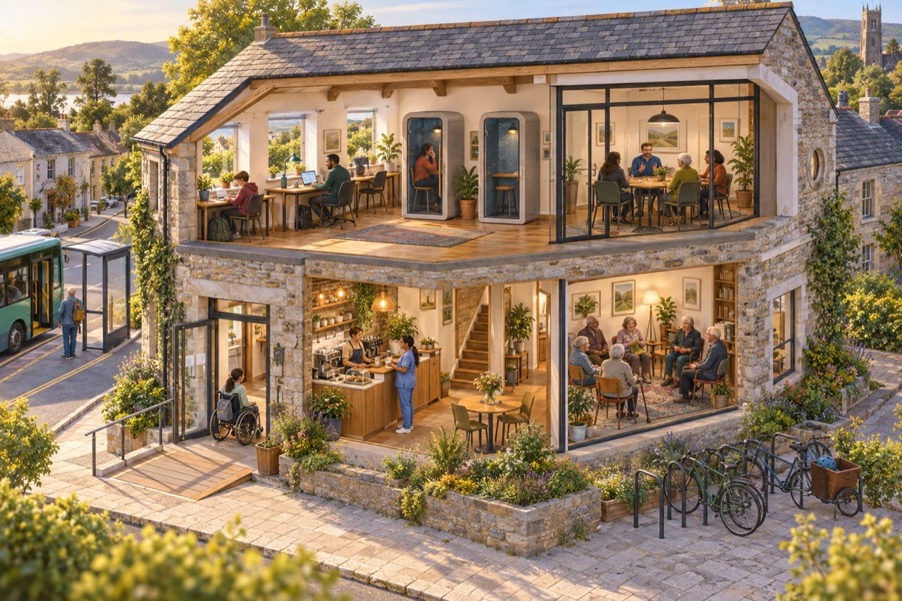 A cut-away drawing of a two-storey stone building at sunset. Upstairs, people work at desks, in two glass phone booths and around a meeting table. Downstairs, a woman in a wheelchair comes in by a ramp, a barista serves at a café counter and older people talk in a lounge. A green bus waits at a stop outside, bicycles stand in racks and a church tower rises behind.