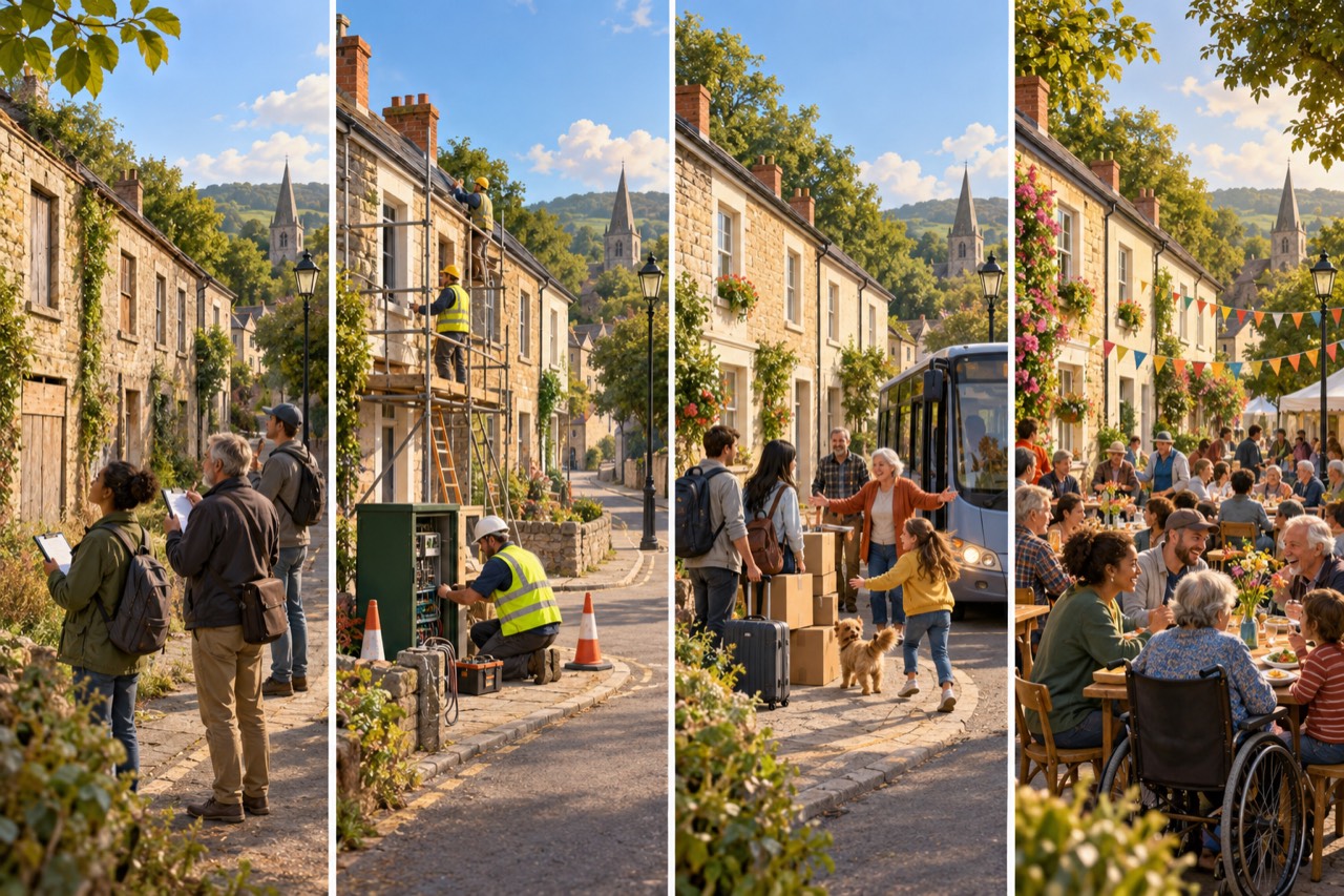 Four tall panels of the same stone terraced street with a church spire. First, people with a clipboard survey empty, overgrown houses. Second, builders work on scaffolding and an engineer connects cables in a green street cabinet. Third, newcomers with suitcases and boxes are greeted by neighbours, a child and a dog, with a bus behind. Fourth, residents of all ages, including a wheelchair user, share a meal at a long street table under bunting.