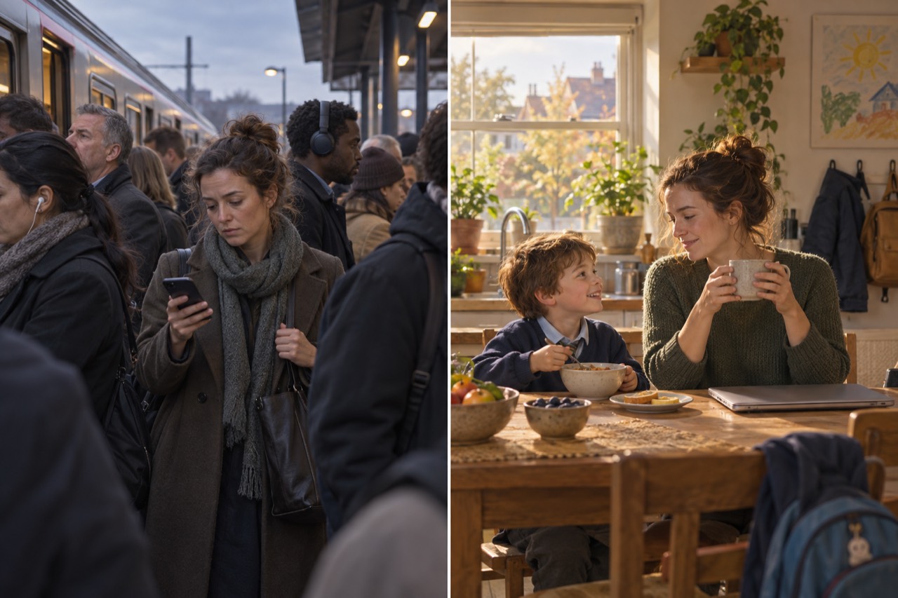 A split picture of the same woman. Left: on a crowded commuter platform at dawn, in a coat and scarf, she looks wearily at her phone as a train waits. Right: at a sunny kitchen table she holds a mug and smiles at her young son eating breakfast, with a closed laptop beside them and a child’s drawing on the wall.
