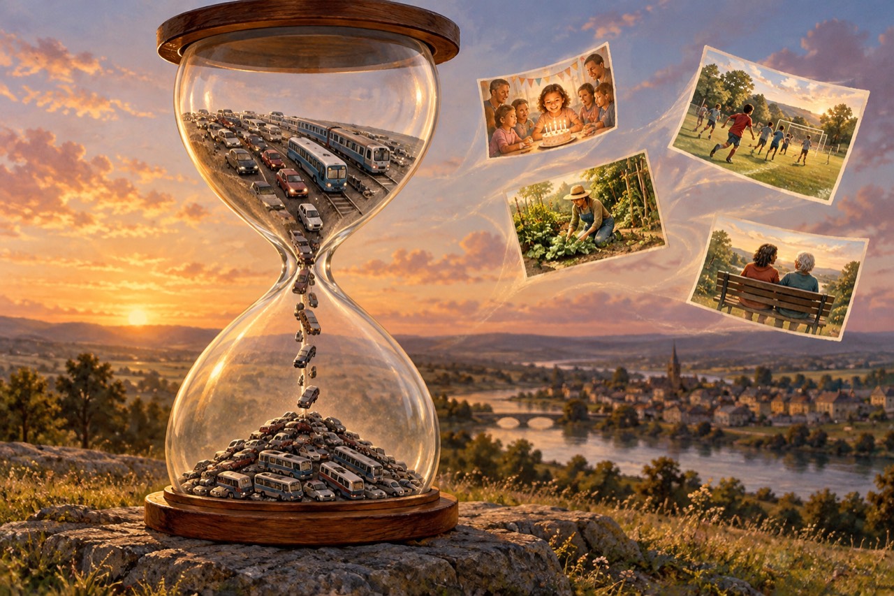 A large hourglass on a rock above a river valley at sunset. The upper bulb holds a traffic jam of cars, buses and trains, which trickle down as tiny vehicles into a heap at the bottom. To the right, four photographs float away on the breeze: a child blowing out birthday candles, children playing football, a person tending a vegetable garden, and two people on a park bench.