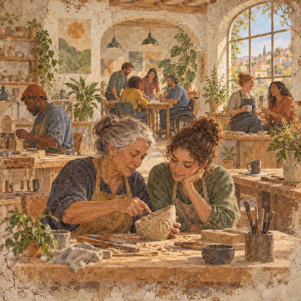 A faded fresco of a busy shared workshop with arched windows over a hill town. In front, an older grey-haired woman carves a pattern into a stone bowl while a young woman rests her chin on her hand and watches closely. Behind them a stone carver works, colleagues talk at a table, one of them in a wheelchair, and two women share coffee.