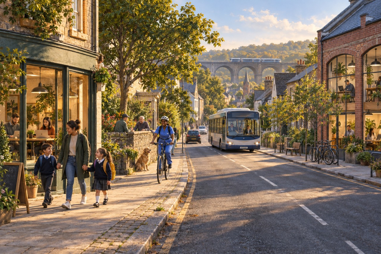 A sunlit high street of stone and brick buildings in early morning. A mother walks a boy and a girl in school uniform along the pavement; a woman in blue scrubs cycles past; two older men chat by a stone wall beside a golden retriever. People work on laptops in a café window on the left and at the upper windows of a brick building on the right. One bus and a few cars use the road. A church spire and a stone railway viaduct with a train stand in the distance.