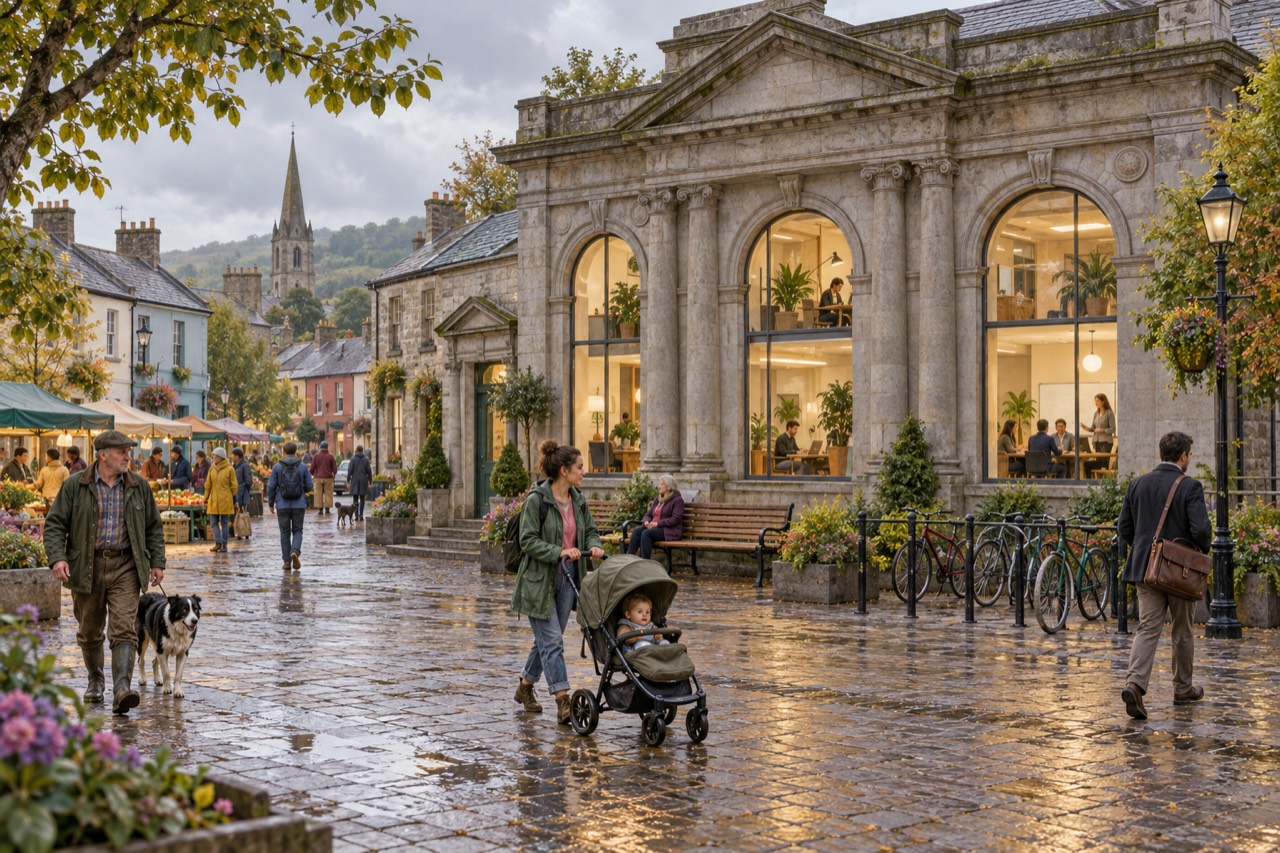 A rain-washed market square in a small town. A grand old stone building with columns and tall arched windows now holds desks and people working under warm lights. In front, a woman pushes a buggy, an older woman sits on a bench, a farmer walks a sheepdog and a man with a satchel passes bicycle racks; market stalls sell produce, and a church spire rises behind.