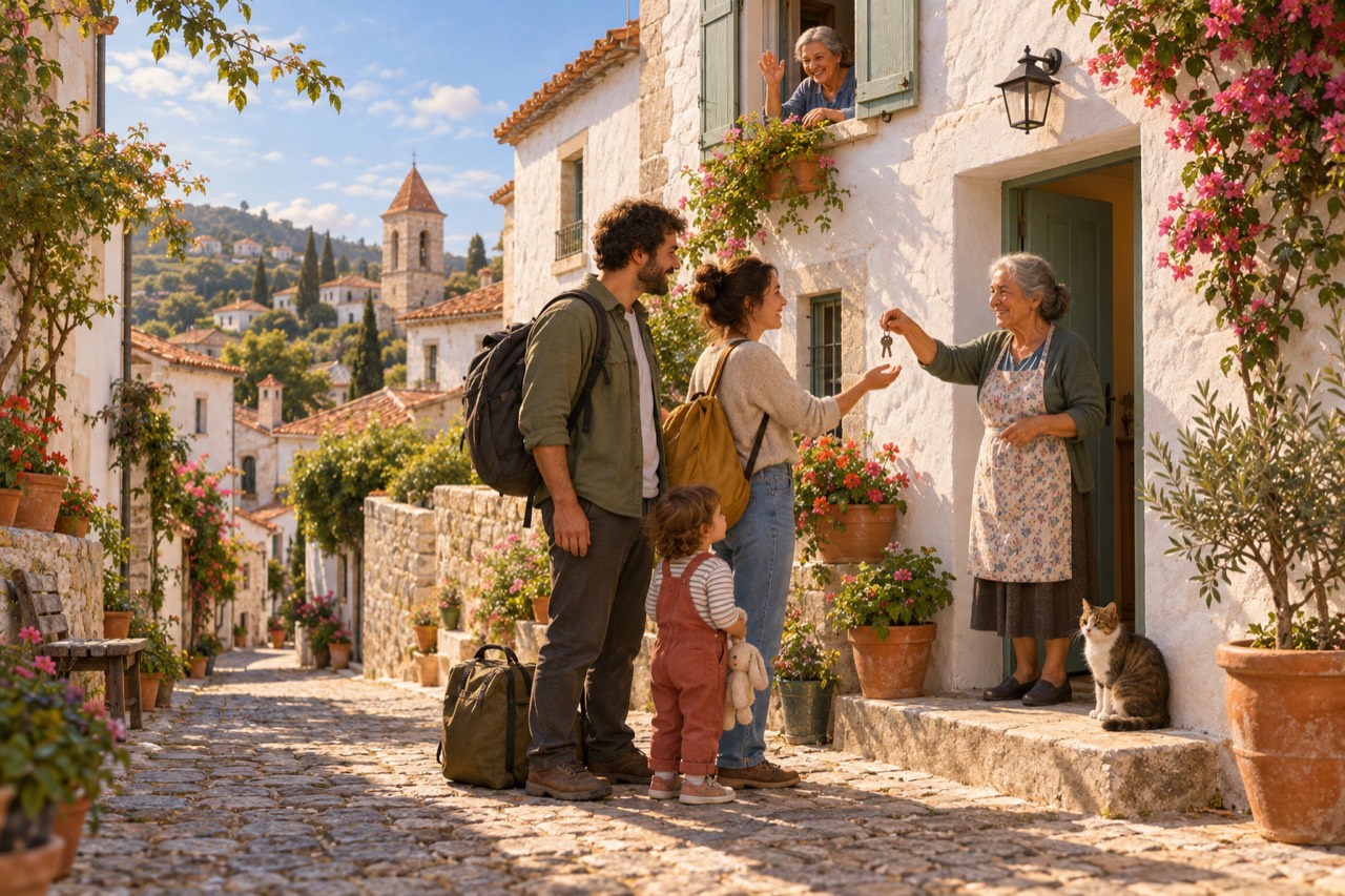 A whitewashed hillside village street. An older woman in an apron hands a key to a young couple with backpacks and a toddler holding a toy rabbit, while a neighbour waves from an upstairs window and a cat sits on the step. Bougainvillea, potted geraniums, an olive tree and a bell tower above red roofs.