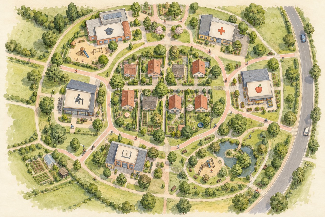 A watercolour plan seen from above. Houses with gardens fill the centre, ringed by footpaths and cycle paths. Around them stand buildings marked with simple symbols: a school (a mortarboard), a clinic (a cross), a grocer (an apple), a library (an open book) and a work hub (a person at a desk), with playgrounds, a pond park and allotments. A road curves past on the right.