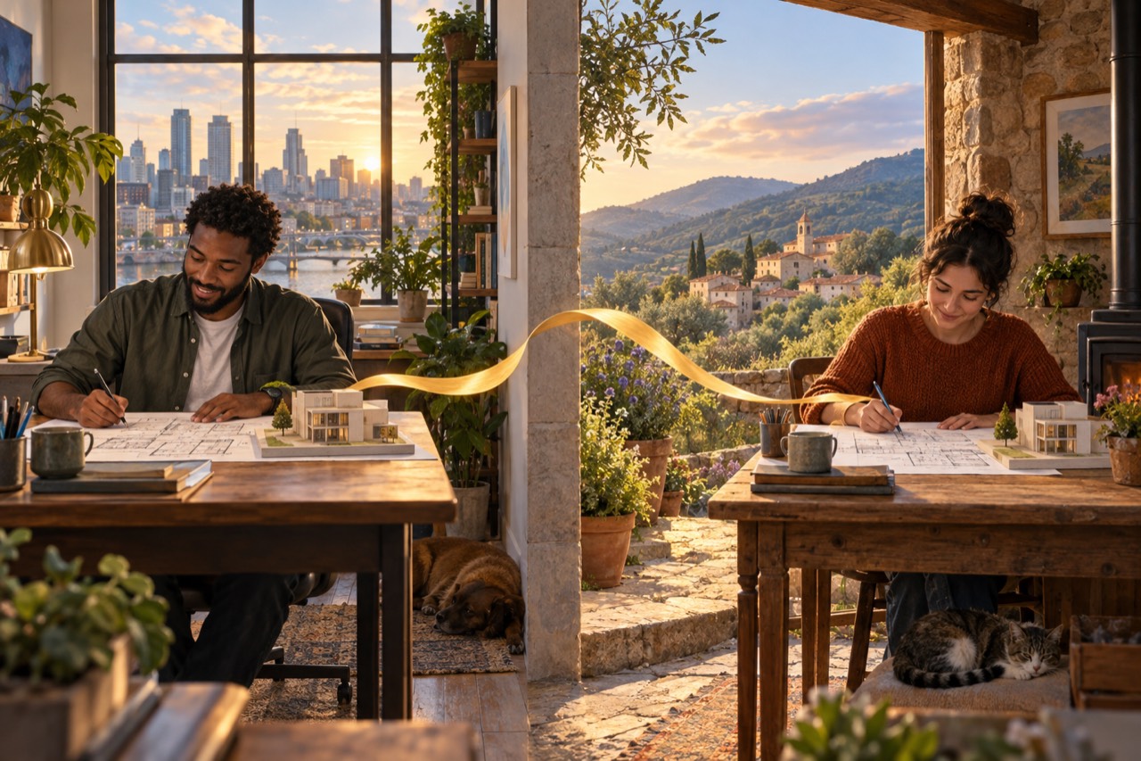 A split scene joined by a flowing golden ribbon. Left: a man draws architectural plans beside a small building model at a desk in a city apartment, with towers and a river through the window and a dog asleep on the floor. Right: a woman draws the same plans beside an identical model at a wooden table in a stone house with a wood stove, a hill village outside and a cat curled on a chair.