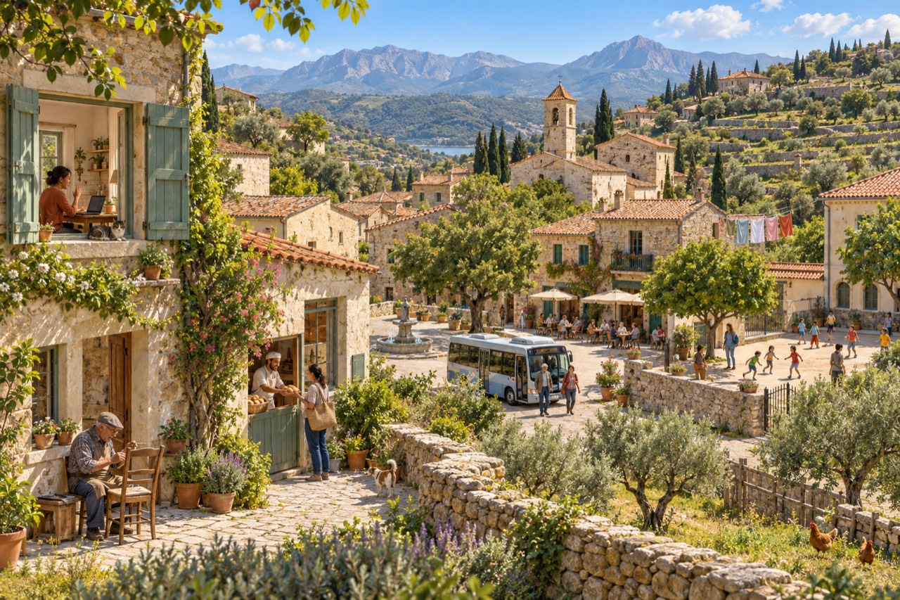 A stone hill village in bright sun with mountains and a lake behind. A woman works at a laptop at an upstairs window with green shutters; an older man in a cap sits in a doorway; a baker hands bread to a woman with a shopping bag. A small bus waits in the square by a fountain, where people eat under umbrellas and children run. Olive trees, a bell tower, washing on a line and chickens by a stone wall complete the scene.