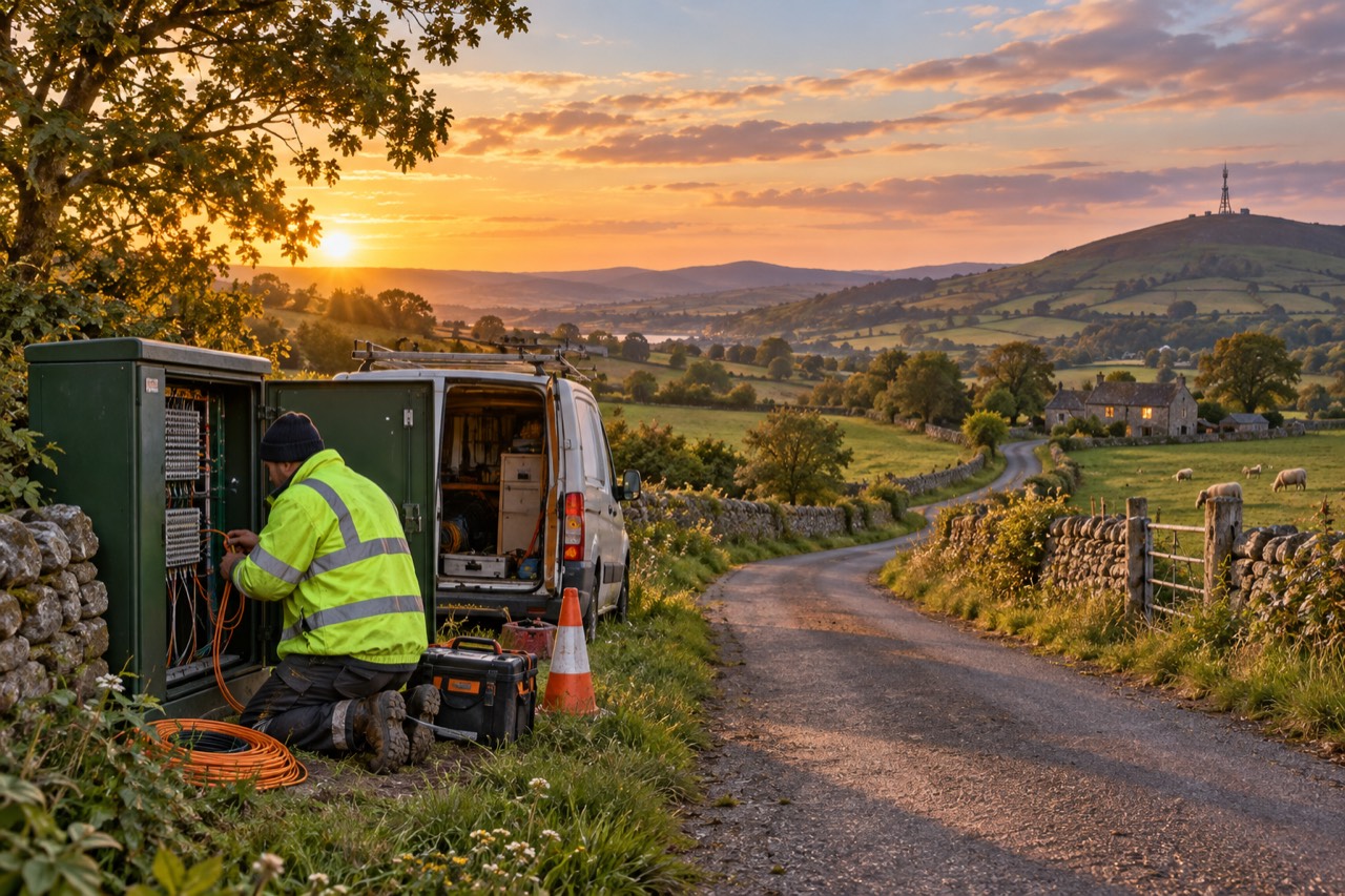 Sunset over rolling farmland with stone walls and sheep. On a narrow country lane an engineer in a high-visibility jacket kneels at an open green street cabinet full of cables, with a coil of orange cable beside him, his van open with tools, and a traffic cone. A farmhouse stands below and a mast on a far hill.