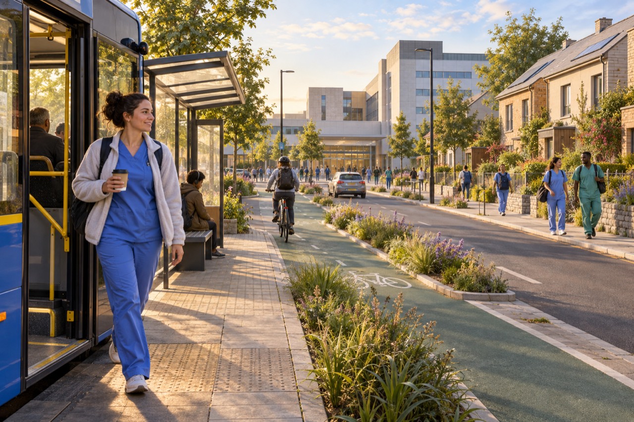A nurse in blue scrubs and a cardigan, holding a takeaway cup, steps off a bus at a shelter on a sunny morning. Behind her, a planted street with a green cycle lane leads to a large hospital building. A cyclist rides towards it, other staff in scrubs walk along the pavement past terraced houses with solar panels, and only one car is on the road.