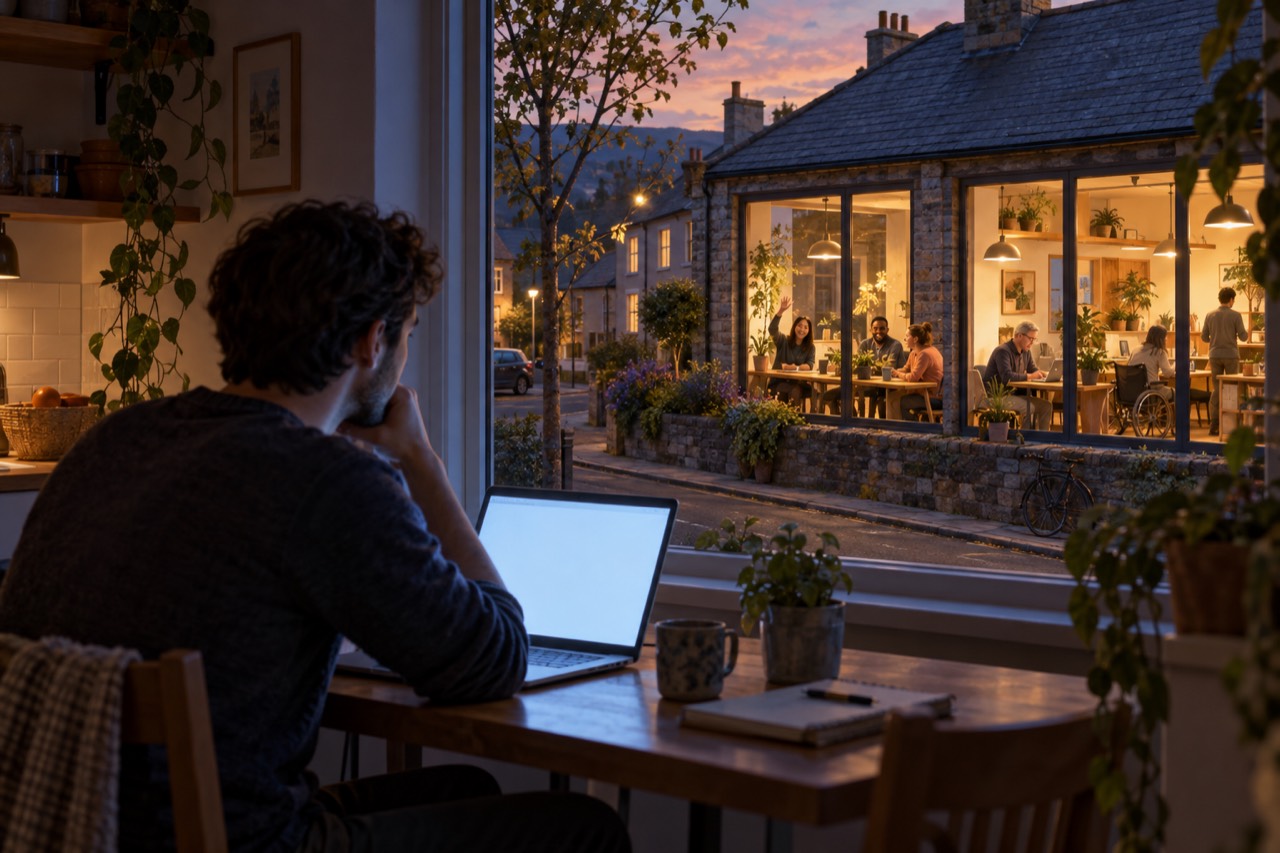 Evening, seen from behind a man who sits alone at a laptop in a dim kitchen with his chin on his hand. Through the window, across a quiet street, a stone building with large lit windows holds a shared workspace where people work and talk at long tables, one of them in a wheelchair.
