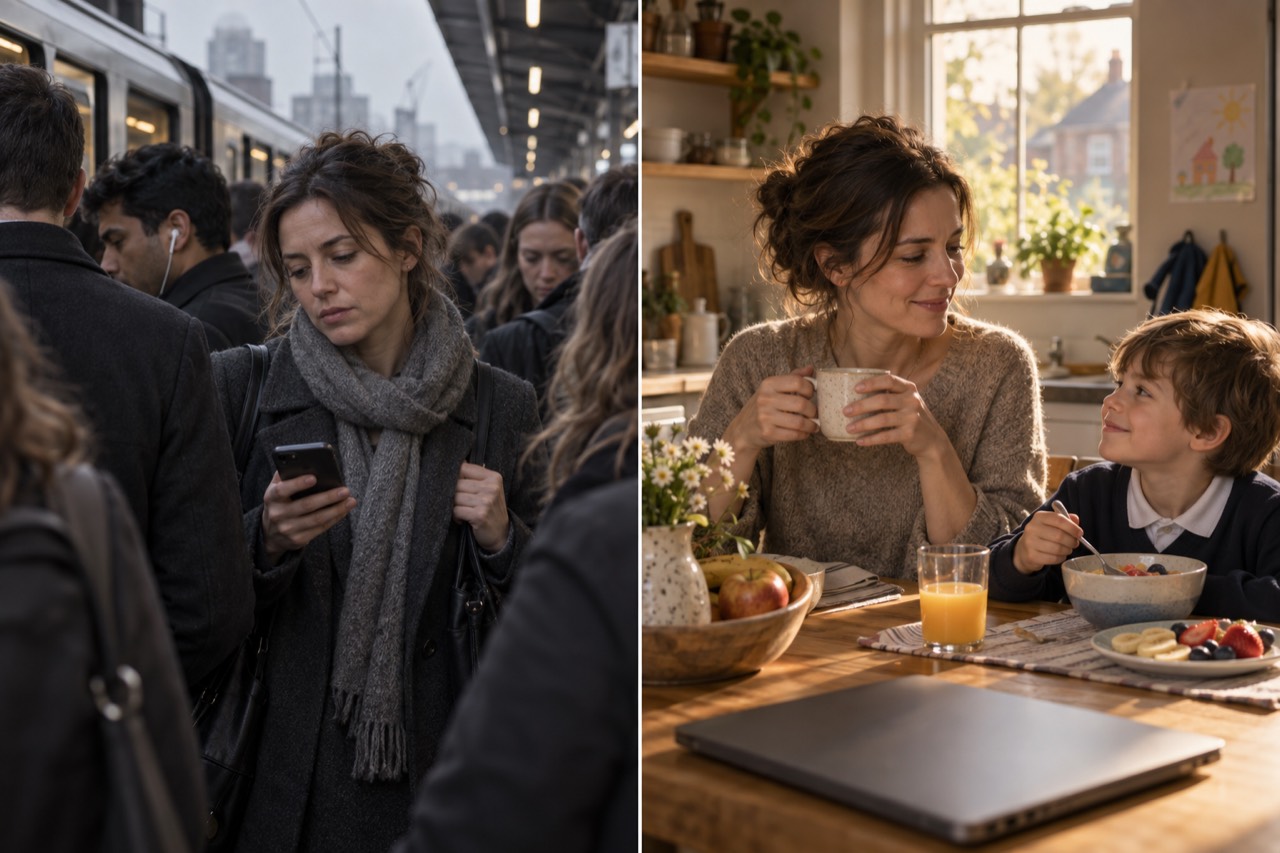 A split picture of the same woman. Left: on a packed station platform at dawn, with city towers and cranes behind, she frowns at her phone among commuters in dark coats. Right: in a sunny kitchen she holds a mug and smiles at her son, who eats fruit in his school jumper; a glass of orange juice, a vase of daisies and a closed laptop sit on the table, and a child’s drawing hangs by the window.