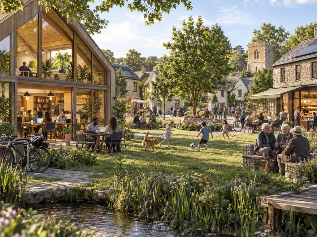 A timber-and-glass work hub beside a village green on a sunny evening. People work at laptops inside and at tables outside, children play football with a dog, three older people chat on a stone bench, and a bakery café and a church tower stand behind.