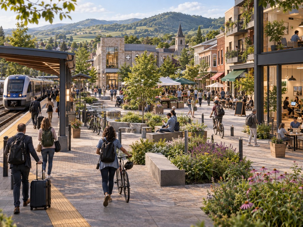 A busy, tree-lined station square in a small town. A train waits at the platform, people walk with suitcases and bicycles, a clinic building shows a cross, market stalls sell produce, people work on laptops in cafés, and green hills rise behind.