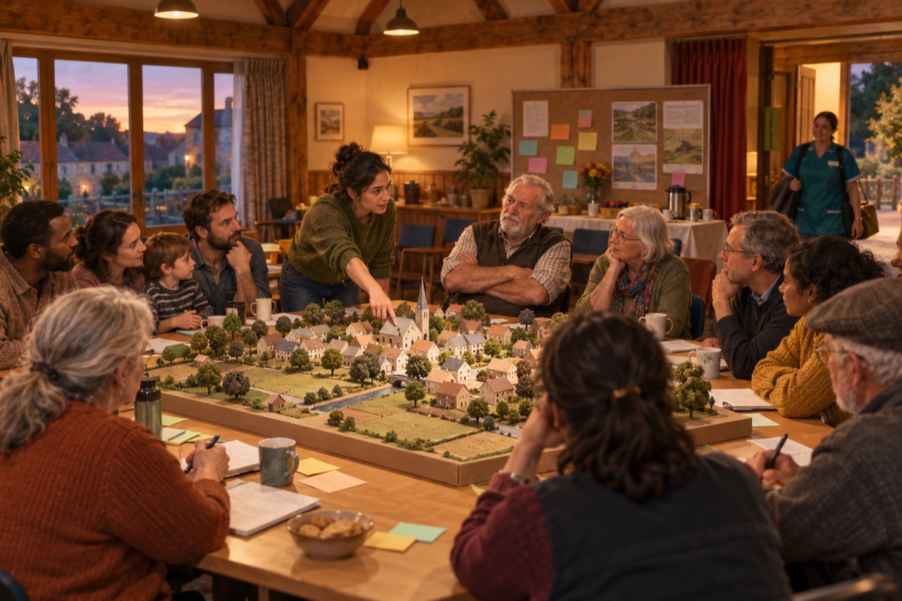 An evening meeting in a timber-beamed village hall. About a dozen residents of different ages sit around a large table holding a detailed model of the village, with sticky notes, notebooks and mugs. A woman leans in and points at the model while an older man listens with folded arms. A noticeboard with pictures and coloured notes hangs behind, and a nurse arrives through the doorway.