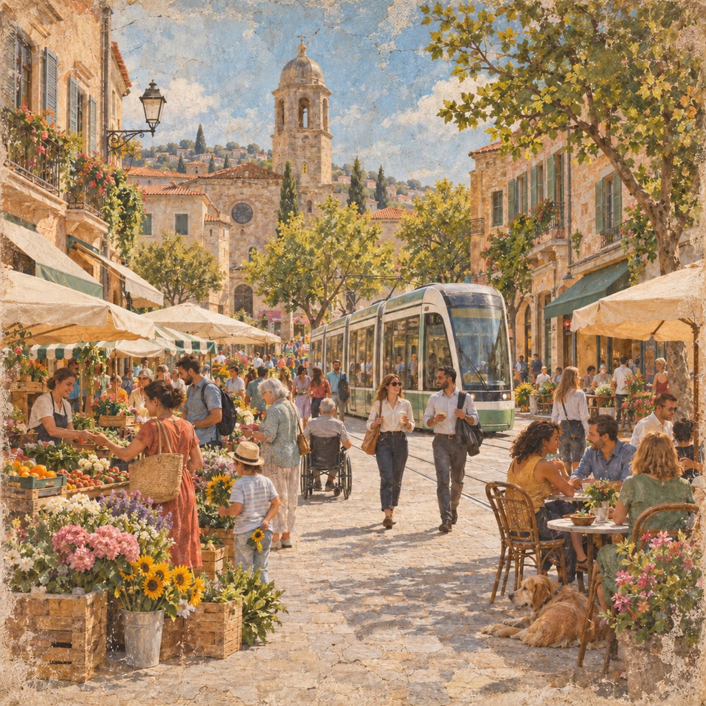 A faded fresco of a sunny town square with a domed bell tower. A pale green tram passes between flower and fruit stalls and café tables under umbrellas. People shop and stroll: a woman buys flowers, a boy in a straw hat holds a sunflower, a man in a wheelchair crosses the square and a dog sleeps by the café tables.