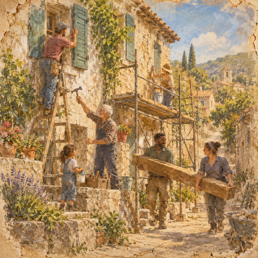A faded fresco of people restoring a stone house with green shutters. A man on a ladder fixes a shutter, an older man hammers at the wall, a woman on scaffolding works with a bucket, a girl carries a pail, and two people carry a long wooden beam past a wheelbarrow of stones. A bell tower and cypress trees stand on the hill behind.