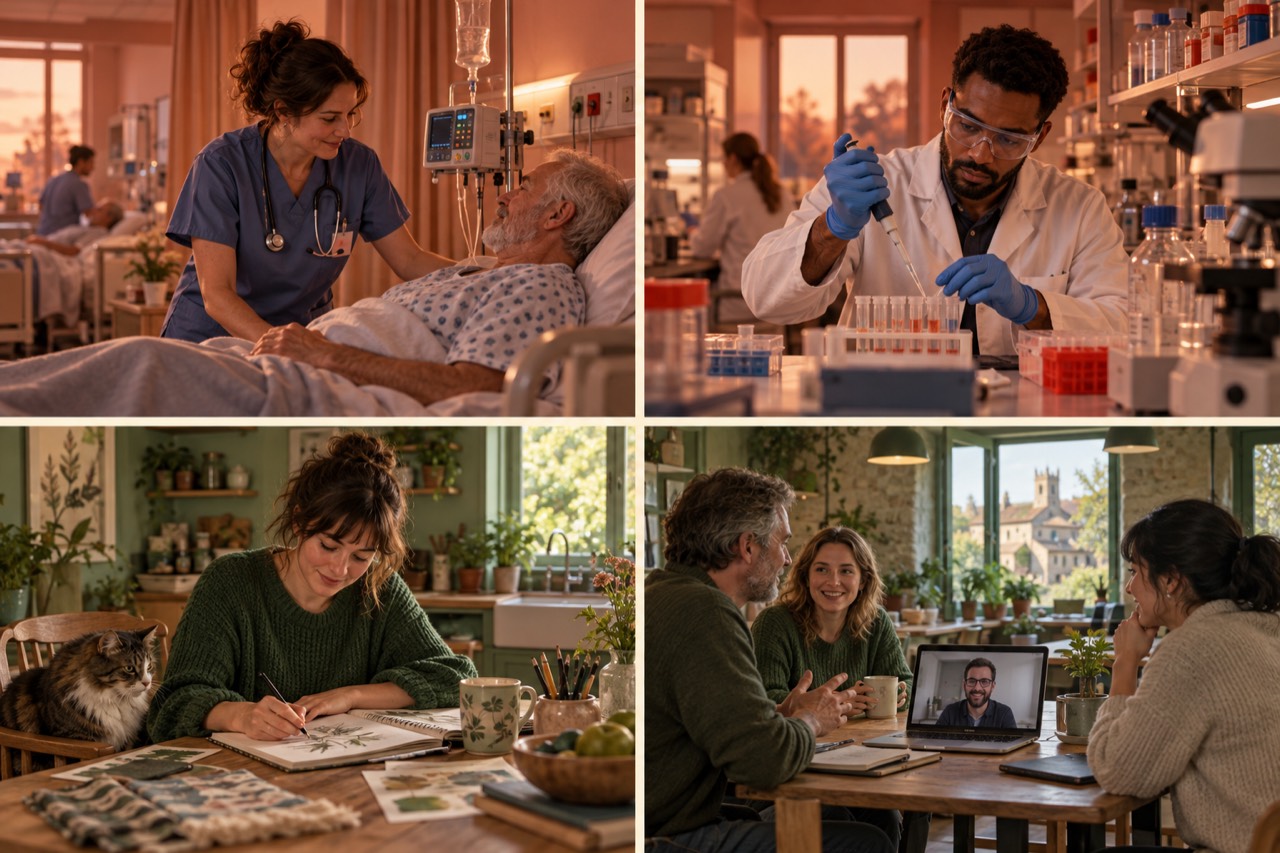 Four panels in warm evening light. Top left: a nurse in blue scrubs leans over an older man in a hospital bed beside a drip stand and monitor. Top right: a scientist in safety glasses and blue gloves uses a pipette over a rack of test tubes. Bottom left: a woman sketches plants in a notebook at a kitchen table while a cat sits on the chair beside her. Bottom right: three people meet around a wooden table, smiling at a colleague who joins by video on a laptop, with a hill town and an old tower through the window.